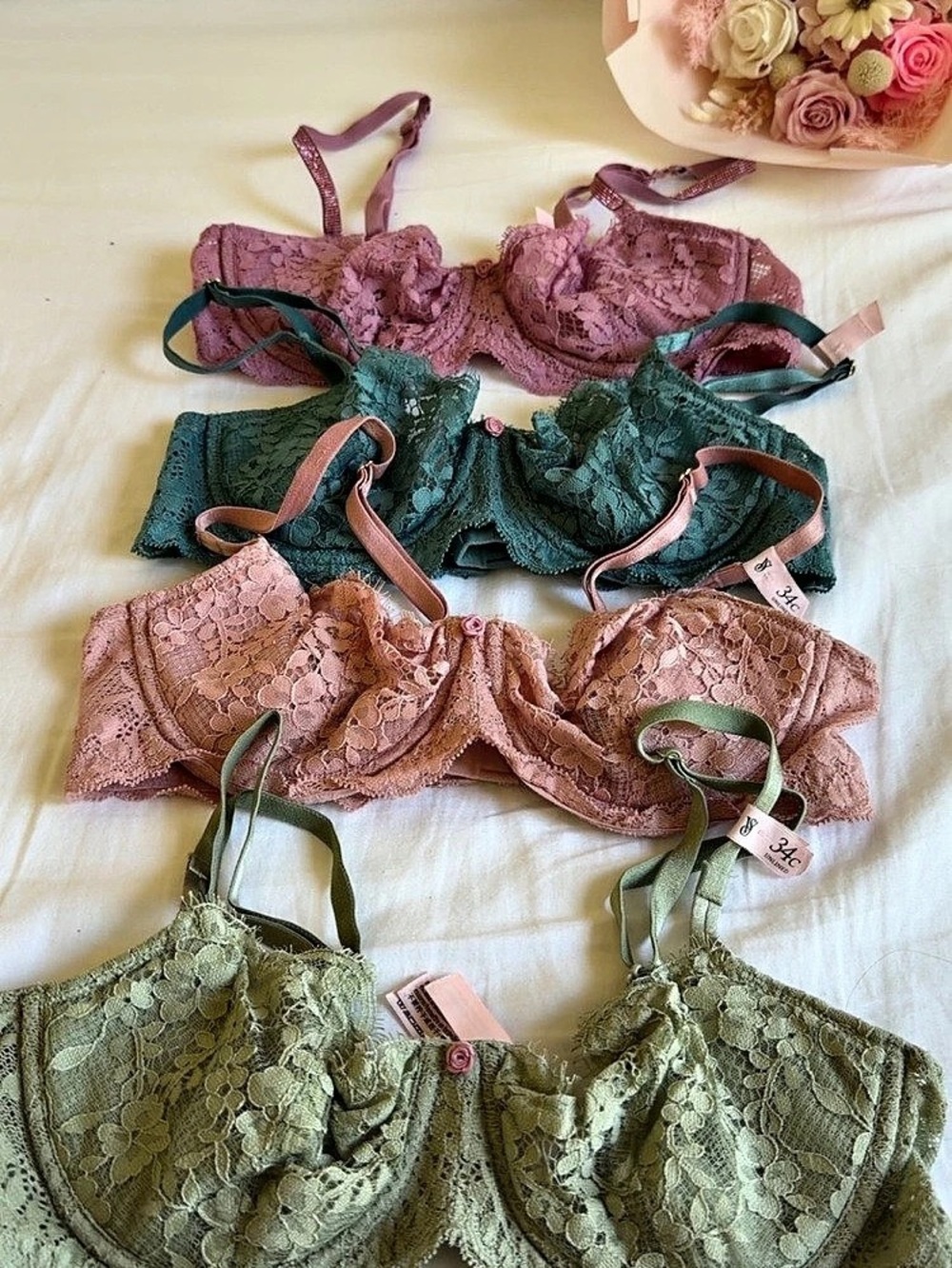 Victoria's Secret Unlined Lace Demi Bra Lot Pink & Green 34C